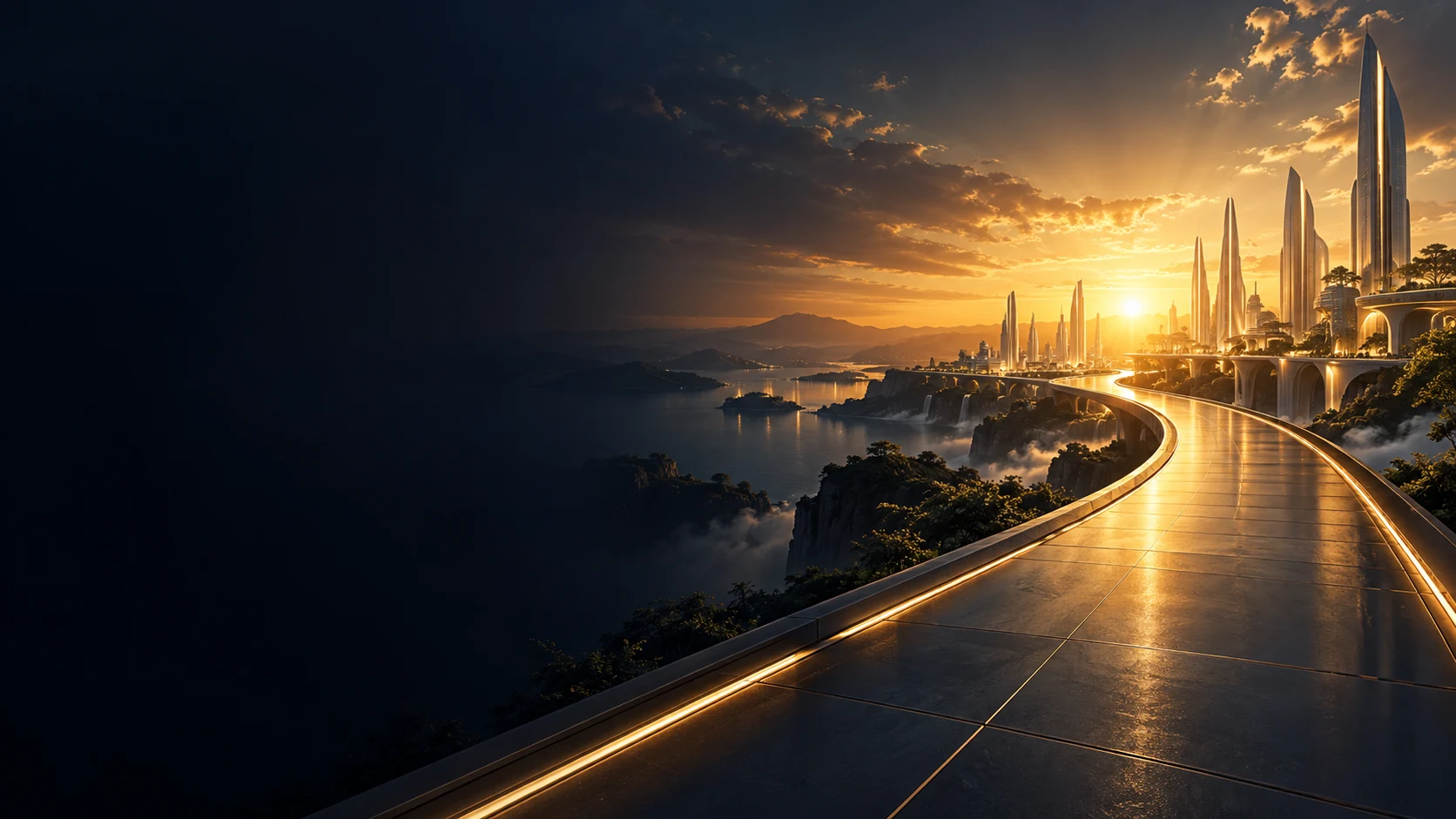 Horizonte futurista dorado con una persona animada caminando hacia el futuro